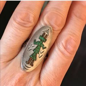 Vintage Navajo Turquoise & Coral Sterling Ring; 7